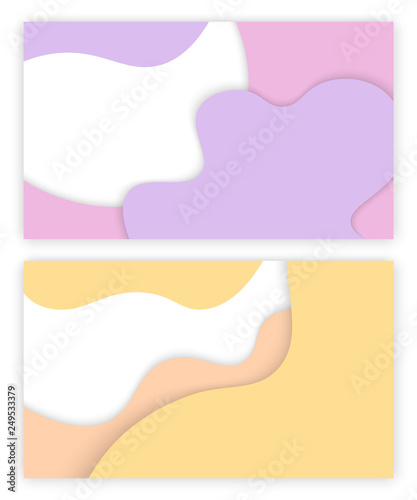 Abstract background with paper cut color patterns. 3D backdrop with purple, yellow waves. Minimalist banner with flat relief, geometric poster vector
