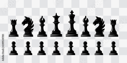 Chess piece icons. Board game. Black silhouettes.