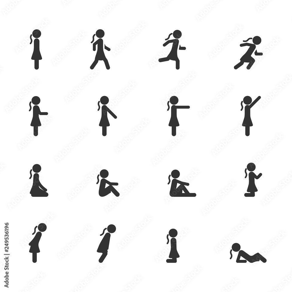Vector set of women standing walking running sitting lying pointing in different poses icons. Vector set of women standing walking running sitting lying pointing in different poses icons.