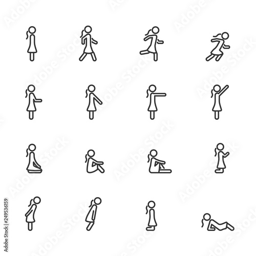 Vector set of women standing walking running sitting lying pointing in different poses line icons.
