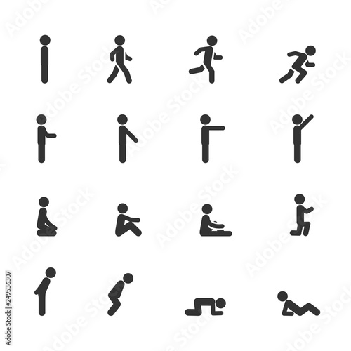 Vector set of man standing walking running sitting lying pointing in different poses icons. photo