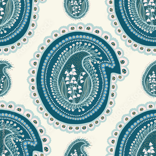Hand drawn lily of the valley floral paisley damask illustration. Seamless vector arabesque pattern all over print. Traditional persian flower foulard drop motif. Decorative shawl fashion, home decor.