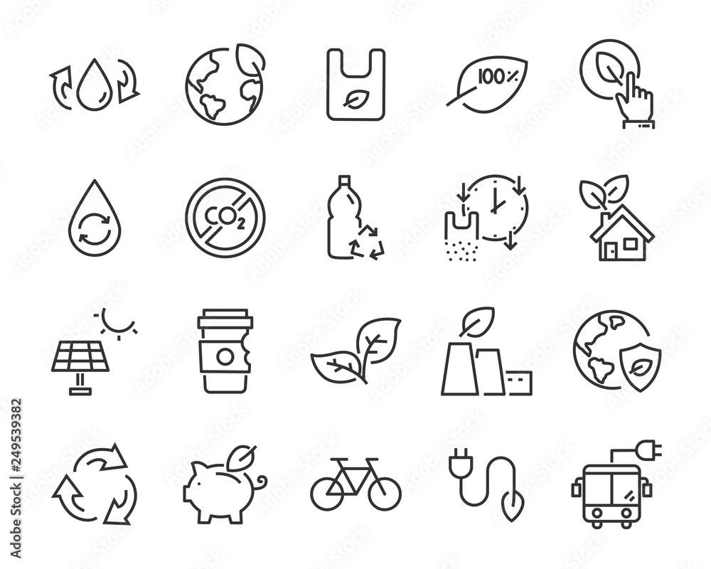 set of eco plastic icons, such as reuse, recycle, nature, green energy, zero waste