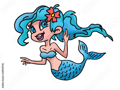 Cartoon mermaid with a red flower on her blue hair vector illustration