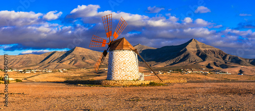 Spectacular scenery of Fuerteventura. beautiful landscape with windmill. Canary islands