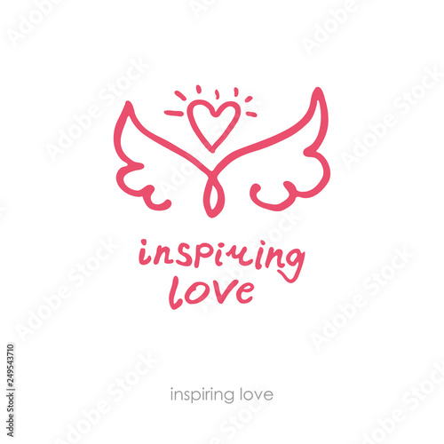 Inspiring love. Hand drawn positive logo. Line art wings and heart. Can be used for different designs, for example a print on a t-shirt.