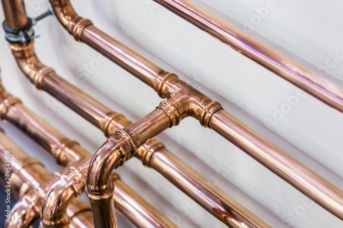 copper pipes and fittings for carrying out plumbing work. Plumbing, fixing pipes and fittings for connection of water or gas systems