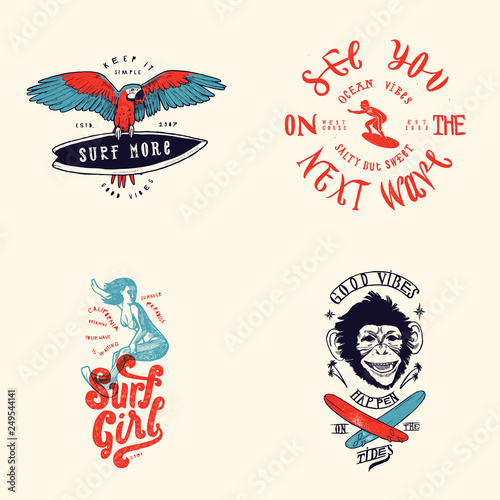 Surfing t-shirt design set: Parrot with surfboard, See you on the next wave, Surfing girl, Surfing monkey