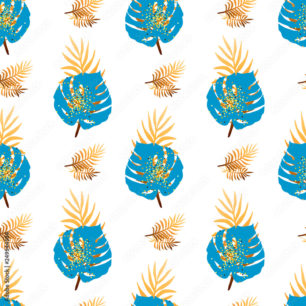 Seamless pattern with tropical blue and golden leaves. Vector illustration. Seamless pattern with tropical blue and golden leaves. Vector illustration.