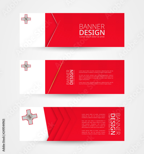 Set of three horizontal banners with flag of Malta. Web banner design template in color of Malta flag.