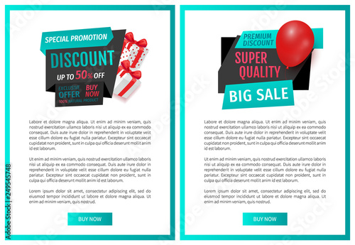 Sellout and clearance, store promotion web pages templates vector. Inflatable balloon and present from shop, special offer, exclusive product price reduction