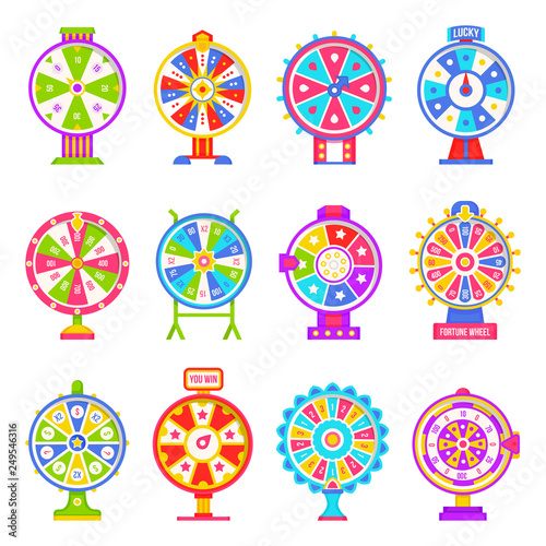 Fortune wheel machines set for gamblers to play gaming isolated icons set vector. Numbers and slots colored in different colors casino and money winning, flat style