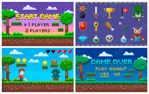 Pixel art game in 8 bit character life info and scenery vector. Isolated icons set trophy and sword, bomb and troll rival, alien and treasure arcade