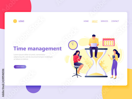 Landing web page template of time management with people sitting and standing near hourglass with laptop and tablet. Planning and strategy. Flat concept vector illustration for web page, website 