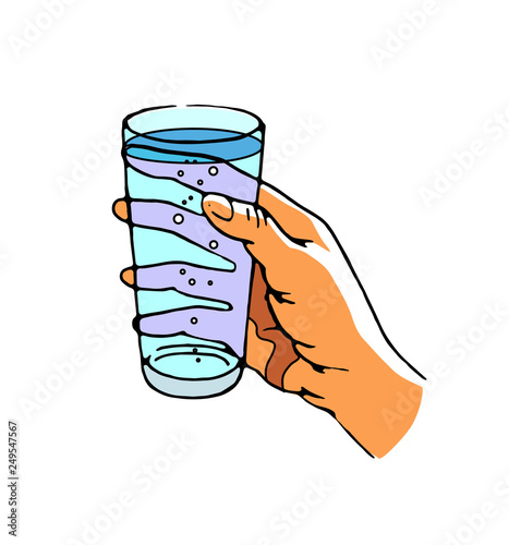 Human hand holding glass of pure water, drink, isolated, vector illustration on white background