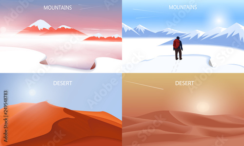 Banners set with desert and winter mountain landscape. Background illustration - Vector