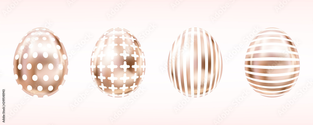 Four glance metallic eggs in pink color with white cross, stripes, dots. Isolated objects for Easter Four glance metallic eggs in pink color with white cross, stripes, dots. Isolated objects for Easter