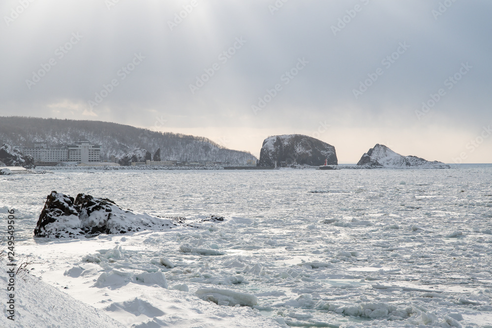 冬の知床　オホーツク海の流氷（木なし）　（北海道・斜里町・ウトロ）