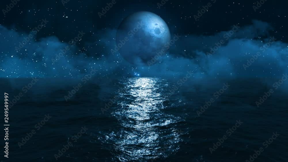 moon hangs over the dark blue ocean setting off to the horizon letting the moonlight