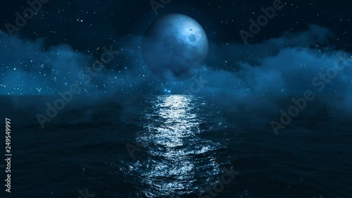 moon hangs over the dark blue ocean setting off to the horizon letting the moonlight