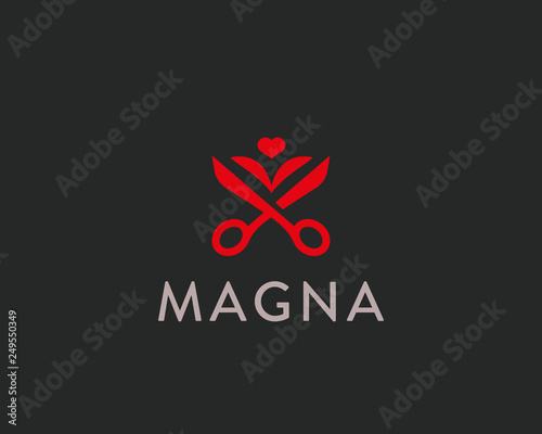 Scissors leaf logotype. Flower heart barber, landscape vector logo.