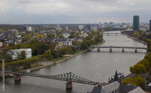 Panorama of the Main River and Frankfurt from a skyscraper roof