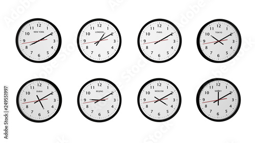 Set of eight round black color wall clocks isolated on white background