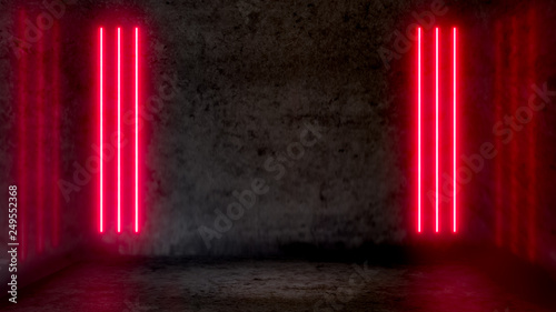 Empty dark abstract room with red fluorescent neon lights. Stage, scene and night club party concept background with copy space for text or product display.
