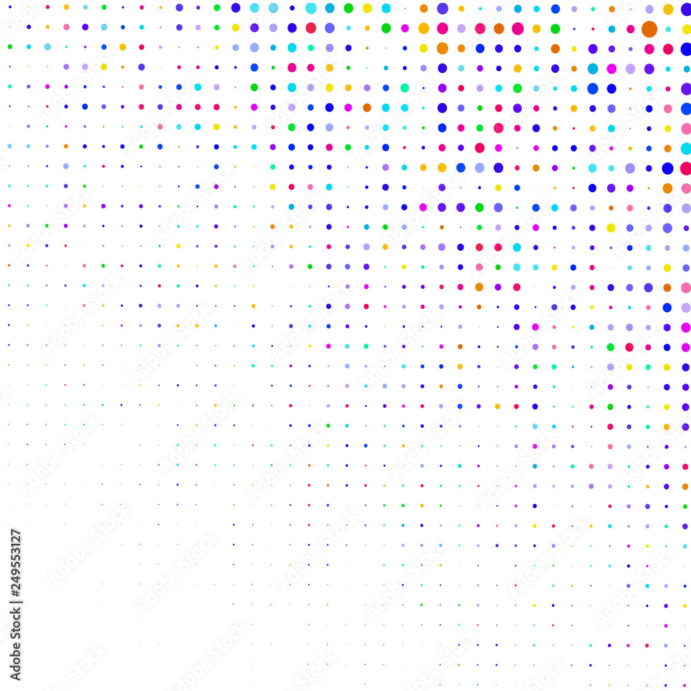 The background of raster multicolored dots on white for text, banner, poster, label, sticker, layout.