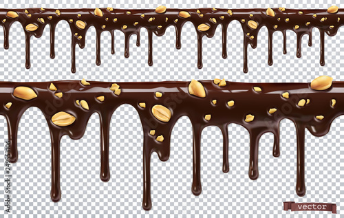 Dripping chocolate with peanut nuts. Melt drip. 3d realistic vector, seamless pattern
