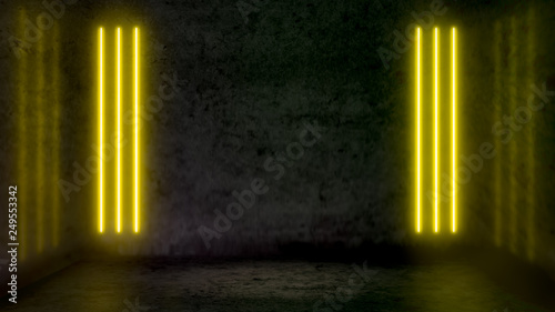 Empty dark abstract room with yellow fluorescent neon lights. Stage, scene and night club party concept background with copy space for text or product display.