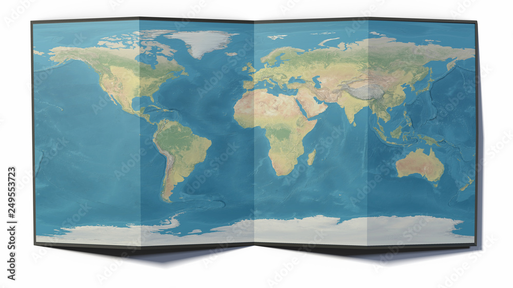 World map drawn on a folded sheet, planisphere leaning on a surface, 3d rendering. Physical map