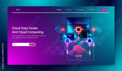 Modern flat design of Cloud data center service and Cloud computing online storage technology on computer, tablet and mobile device connection concept for landing page template Vector.