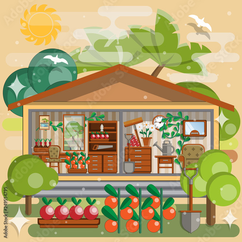 The interior of the house in the garden. Vector illustration.
