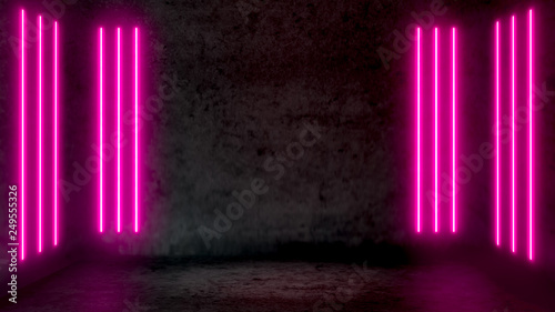Empty dark abstract room with pink fluorescent neon lights. Stage, scene and night club party concept background with copy space for text or product display.