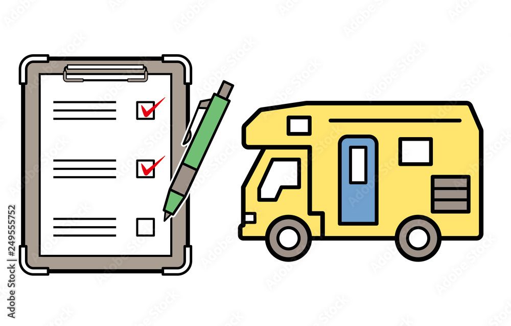 キャンピングカーの点検イメージのイラスト キャンピングカーとチェックリスト Vector De Stock Adobe Stock