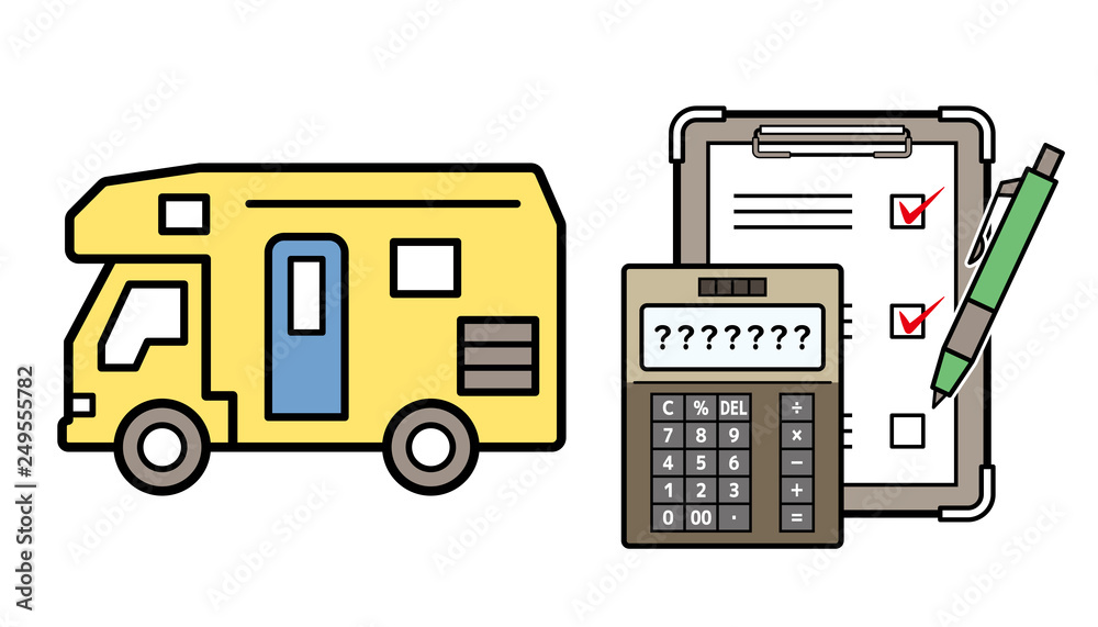 キャンピングカーの保険見積りのイラスト キャンピングカーとチェックリストと電卓 Stock Vector Adobe Stock