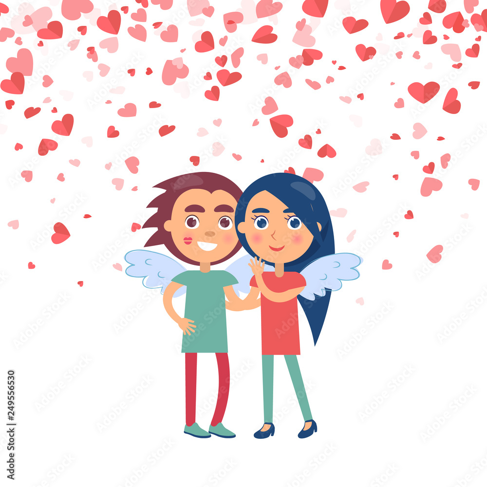Dating girlfriend and boyfriend vector. Smiling lovers in angels wings, cartoon style teenagers isolated on background with pink paper cut hearts, vector Dating girlfriend and boyfriend vector. Smiling lovers in angels wings, cartoon style teenagers isolated on background with pink paper cut hearts, vector
