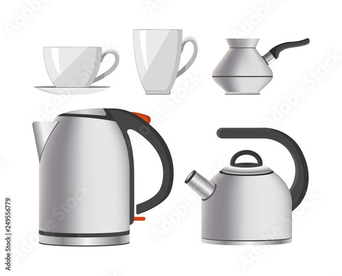 Kettle kitchen tableware modern home appliance vector. Isolated icons set of electronic devices with handles, mugs and cups. Kitchenware machines