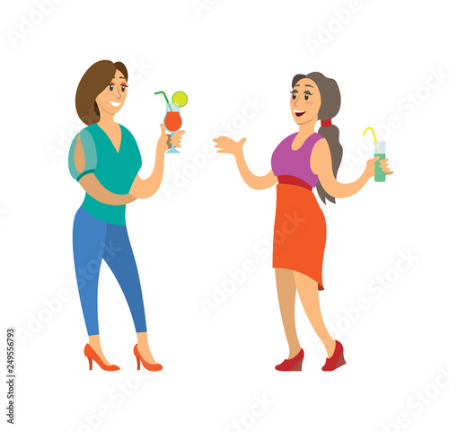 Women holding cocktail in colorful evening clothes vector. Smiling friends girl standing with drink, portrait view. Fashion people joying in nightclub