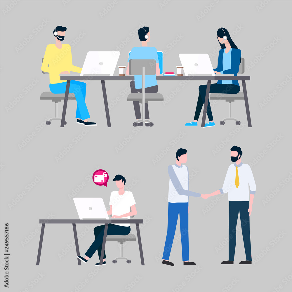 Online support workers at laptops with headphones vector. Internet informative aid, operators answering calls at desktops, men and woman isolated icons