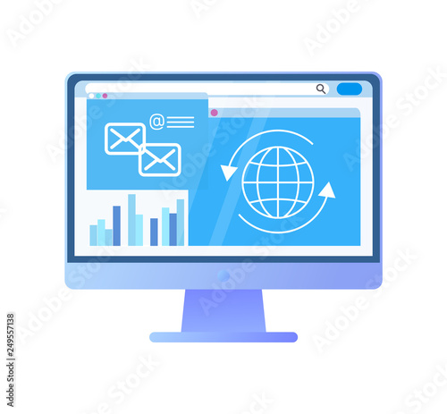 Screen of computer with information globe data vector. Monitor and messages business correspondence, isolated icon of gadget with charts infographics