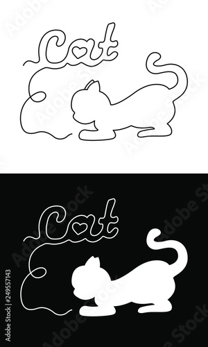 Cat silhouette with thread in two versions on black or white background. Vector illustration