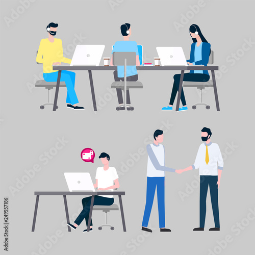 Online support workers at laptops with headphones vector. Internet informative aid, operators answering calls at desktops, men and woman isolated icons