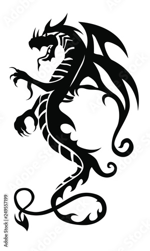 Black tribal dragon tattoo on white background. Vector illustration