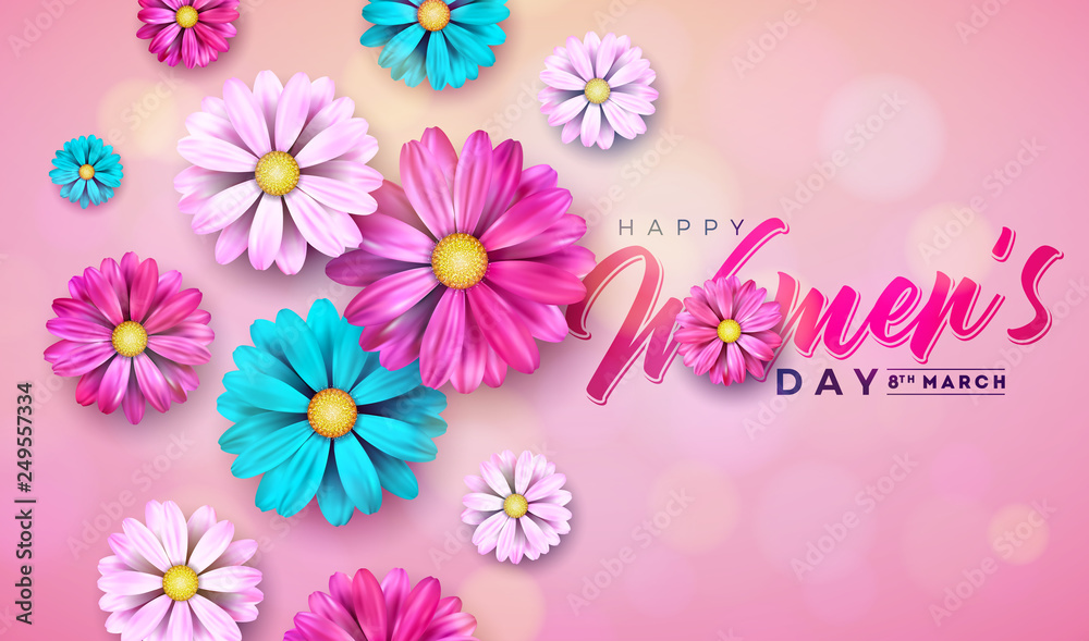 8 March. Happy Womens Day Floral Greeting card. International Holiday Illustration with Flower Design on Pink Background. Vector Spring Celebration Template.