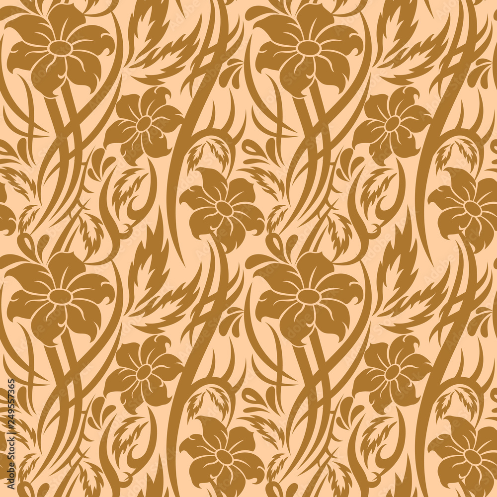 Tribal beige Flower seamless pattern with leaves, drops and curls. Backdrop vector illustration