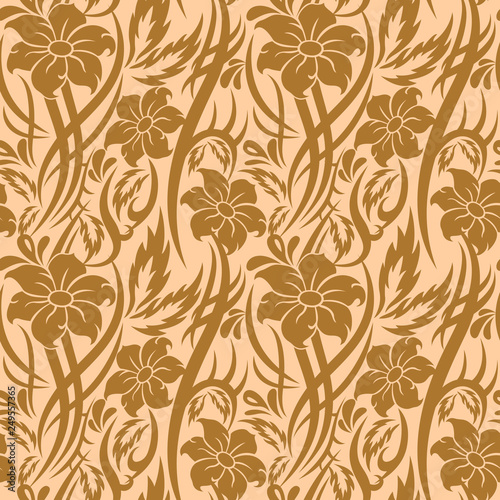 Tribal beige Flower seamless pattern with leaves, drops and curls. Backdrop vector illustration