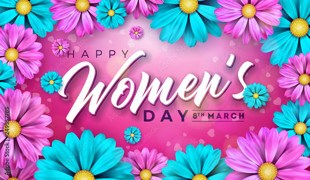 8 March. Happy Womens Day Floral Greeting card. International Holiday Illustration with Flower Design on Pink Background. Vector Spring Celebration Template. 8 March. Happy Womens Day Floral Greeting card. International Holiday Illustration with Flower Design on Pink Background. Vector Spring Celebration Template.