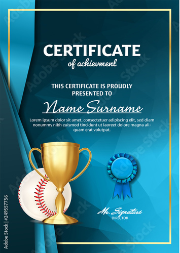 Baseball Game Certificate Diploma With Golden Cup Vector. Sport Graduate Champion. Best Prize. Winner Trophy. A4 Vertical. Illustration